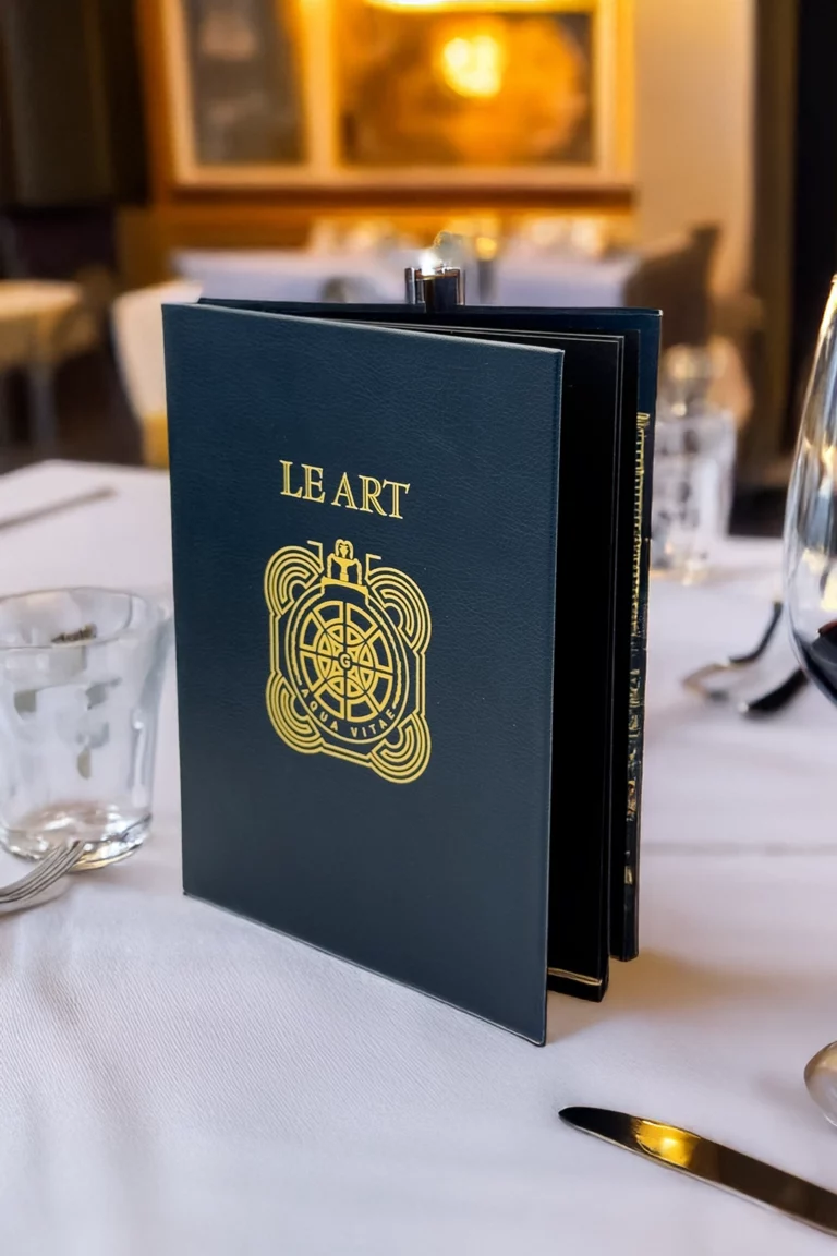 Porte menu personnalisé de restaurant, Simili Cuir bleu marine