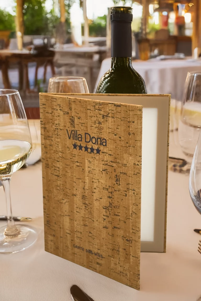 Porte menu personnalisé, matière liège, carte des vins, restaurant étoilé