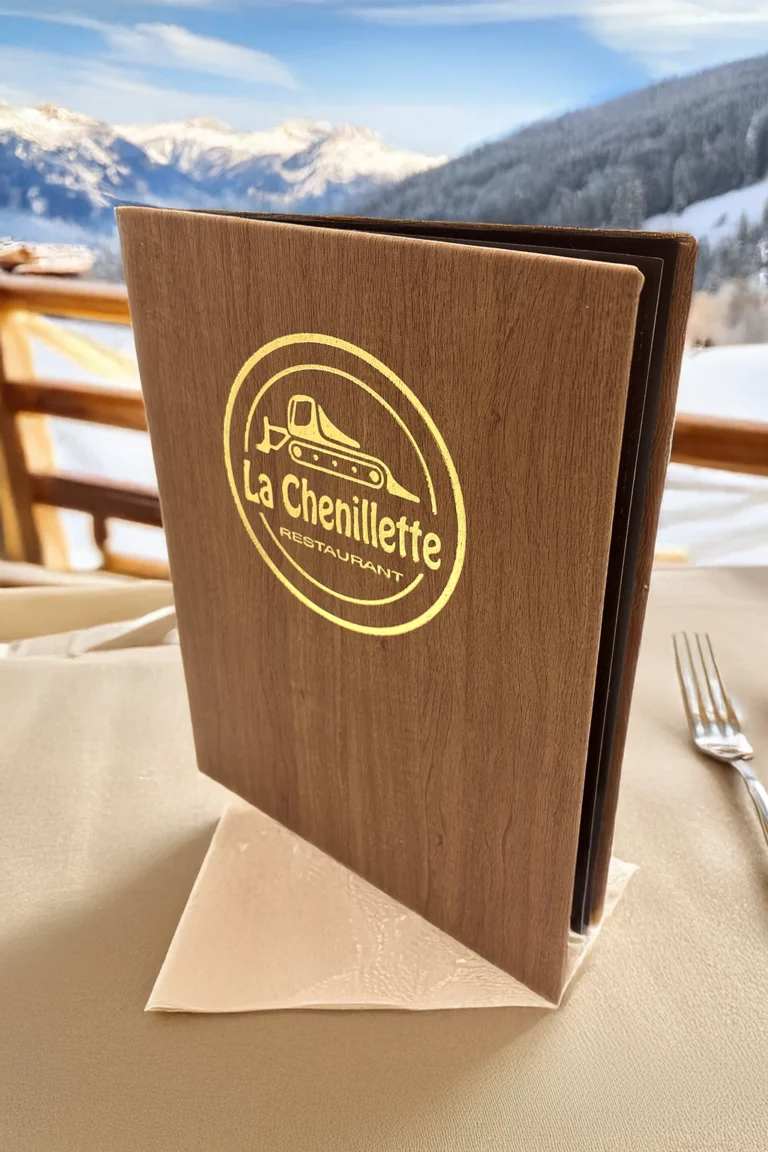 Porte menu personnalisé, matière bois, marquage à chaud or